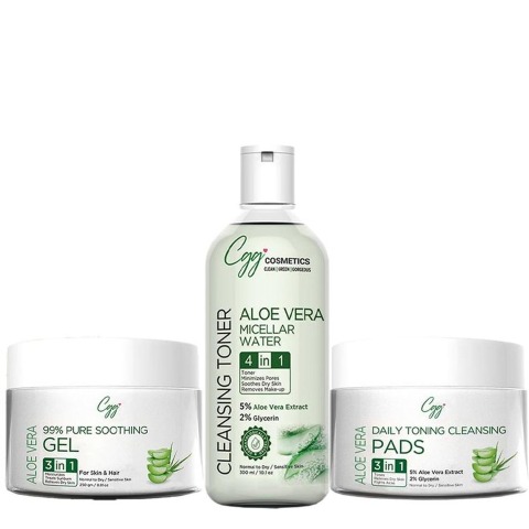 1 - CGG Cosmetics Aloe Vera Facial Kit - Soothing Gel, Micellar Water, Daily Cleansing Pads Combo,  3 Piece(s)/Pack  Normal to Dry/Sensitive Skin 