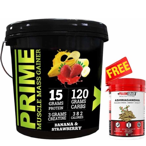 1 - Big Flex Prime Muscle Mass Gainer,  13.2 lb  Banana & Strawberry + Pharmgrade Healthy Living Ashwagandha 60 Tabs Free 
