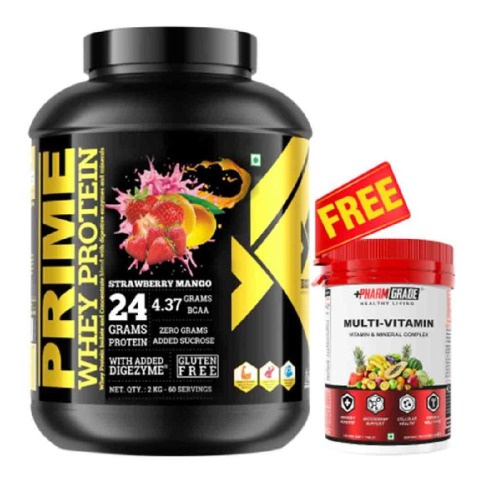 6 - Big Flex Prime Whey Protein, 4.4 lb Strawberry Mango + Pharmgrade Healthy Living Multivitamin 60 Tabs Free