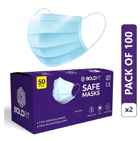 1 - Boldfit 3 Layer Surgical Face Mask with Nose Pin,  Blue Pack of 2 