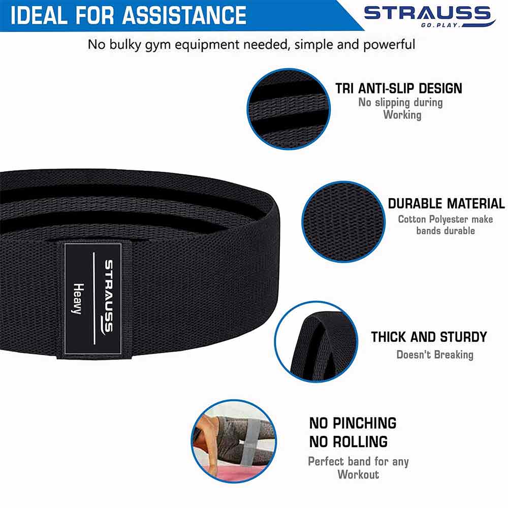 2 - Strauss Standard Fabric Resistance Bands (Set of 3),  Black, Grey, Pink  Medium Heavy and Light 