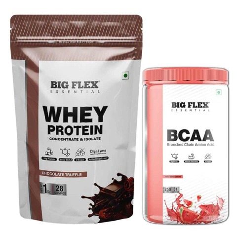 1 - Big Flex Essential Whey Protein Concentrate & Isolate, 2.2 lb Chocolate Truffle with Bigflex Essential Bcaa Watermelon 250g