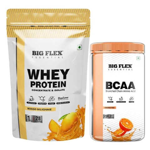1 - Big Flex Essential Whey Protein Concentrate & Isolate,  2.2 lb  Mango Milkshake with Bigflex Essential Bcaa Orange Fizz 250g 