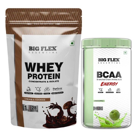 Big Flex Essential Whey Protein Concentrate & Isolate, 2.2 lb Cream & Cookies with Bigflex Essential Bcaa Energy Green Apple 500g