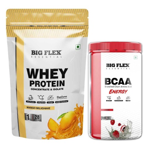 Big Flex Essential Whey Protein Concentrate & Isolate,  2.2 lb  Mango Milkshake with Bigflex Essential Bcaa Energy Lychee 500g 