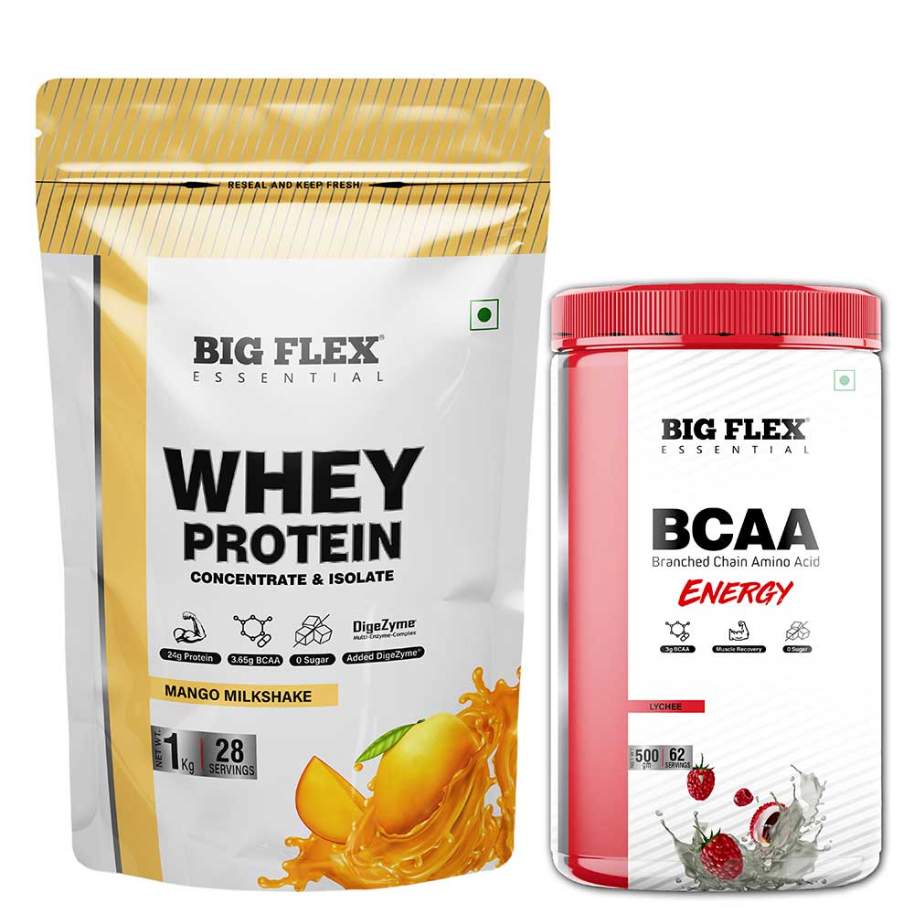 Big Flex Essential Whey Protein Concentrate & Isolate,  2.2 lb  Mango Milkshake with Bigflex Essential Bcaa Energy Lychee 500g 