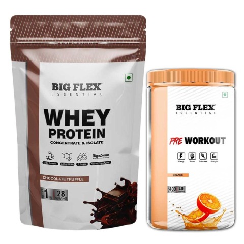 Big Flex Essential Whey Protein Concentrate & Isolate,  2.2 lb  Chocolate Truffle with Bigflex Essential Pre-Workout Orange 400g 