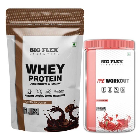 Big Flex Essential Whey Protein Concentrate & Isolate, 2.2 lb Cookies & Cream with Bigflex Essential Pre-Workout Watermelon 400g