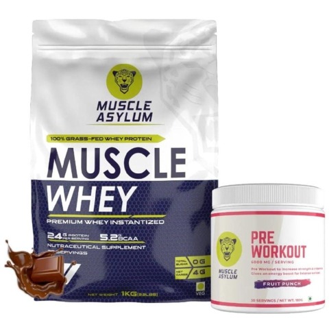 1 - Muscle Asylum Muscle Whey Protein Powder, 2.2 lb Double Chocolate with Muscle Asylum Pre-Workout- Fruit Punch Combo