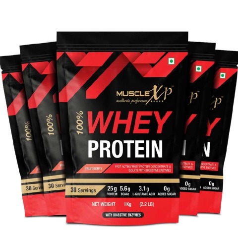 1 - MuscleXP 100% Whey Protein with Digestive Enzyme,  2.2 lb  Fruit Berry (Pack of 5) 