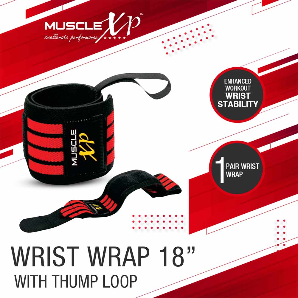 3 - MuscleXP Wrist Wrap with Thumb Loop,  Black & Red  18 inches 