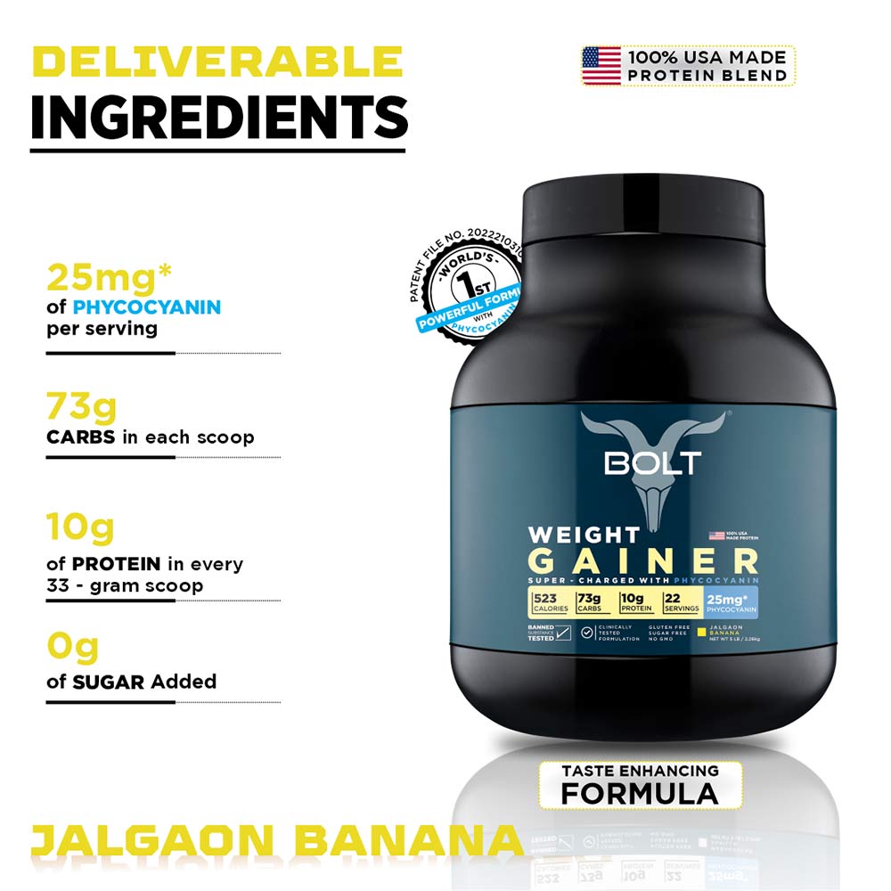 3 - Bolt Weight Gainer Super-Charged with Phycocyanin,  5 lb  Jalgon Banana with Free Shaker 