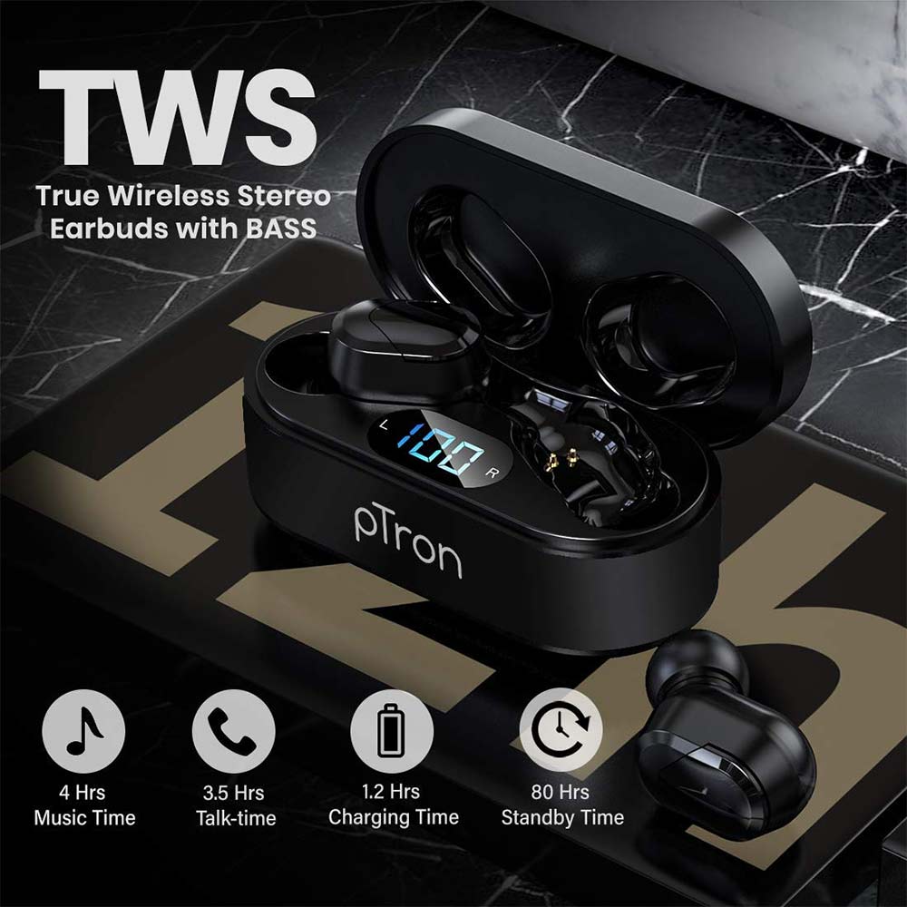 4 - Ptron Bassbuds Plus Wireless Earbuds,  Red & Black 