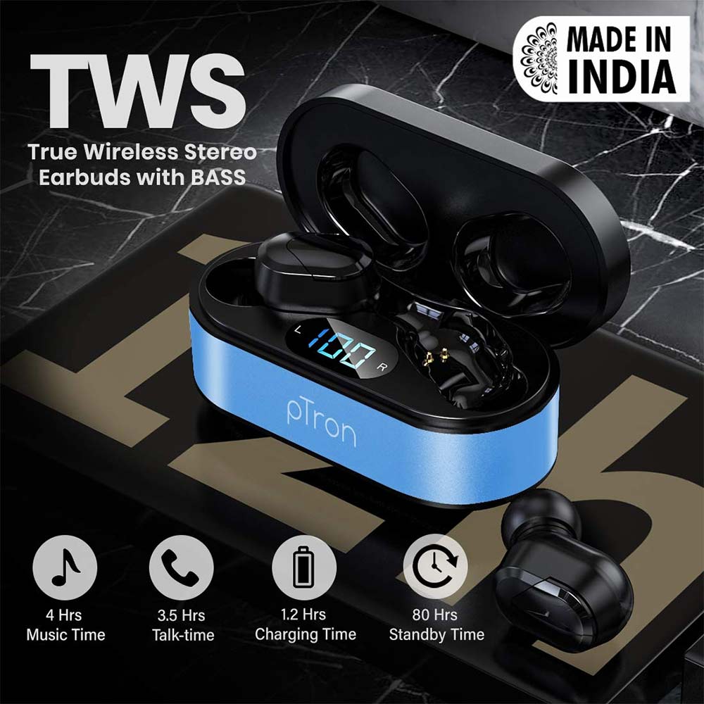 2 - Ptron Bassbuds Plus Wireless Earbuds,  Blue & Black 