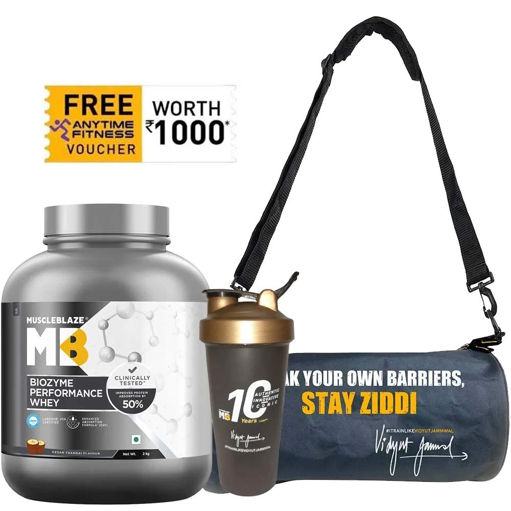 MuscleBlaze Biozyme Performance Whey 2 kg & Gym Bag & Shaker Combo