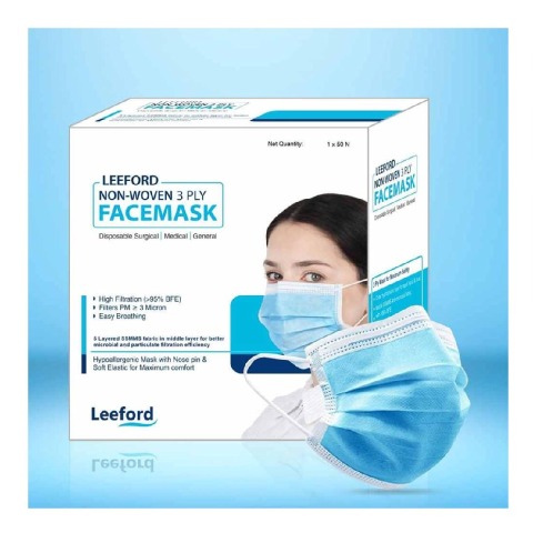 1 - Leeford 3 Ply Non Woven Disposable Face Mask,  Blue (Pack of 50) 