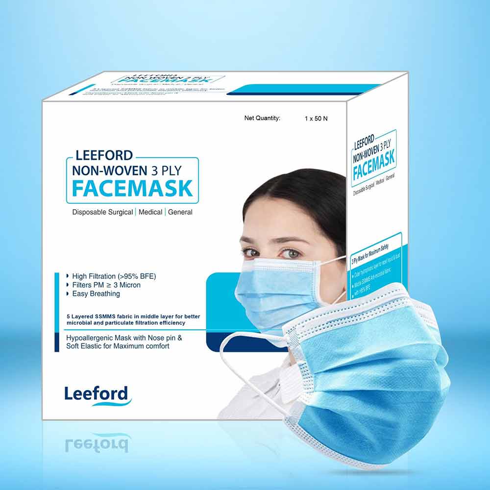 1 - Leeford 3 Ply Non Woven Disposable Face Mask,  Blue (Pack of 50) 