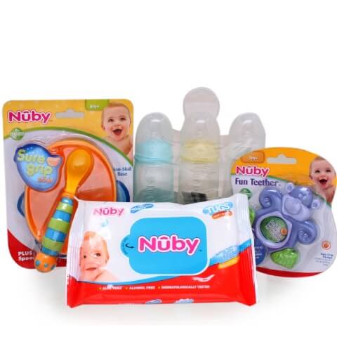 Combo Offer(Nuby Sure Grip Bowl+Nuby Feeding Bottles 3pack 120ml+Nuby Fun Teether+Nuby Wipes 30pcs)
