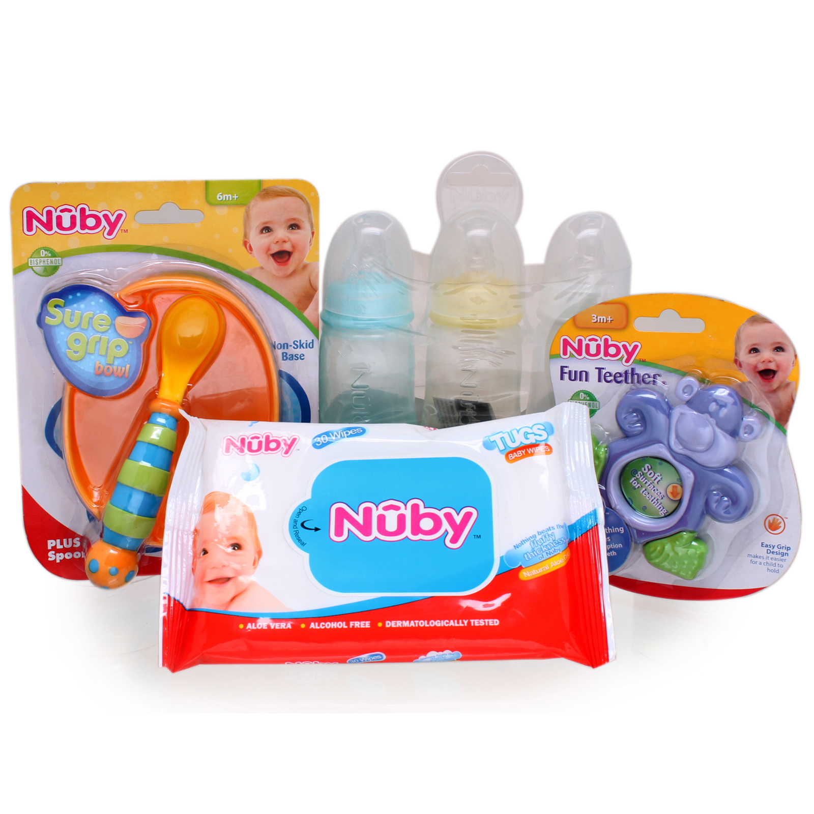 Combo Offer(Nuby Sure Grip Bowl+Nuby Feeding Bottles 3pack 120ml+Nuby Fun Teether+Nuby Wipes 30pcs)