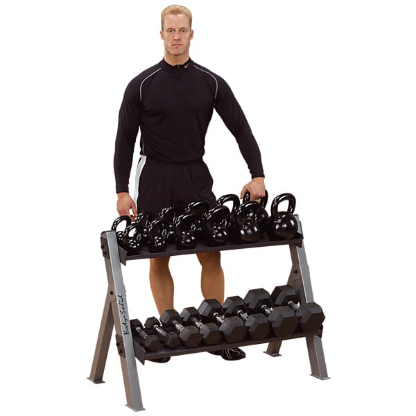 Body Solid Dual Dumbbell & Kettlebell Rack,  Black & Silver 