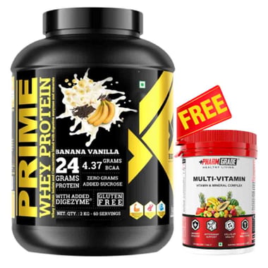 Big Flex Prime Whey Protein, 4.4 lb Banana Vanilla + Pharmgrade Healthy Living Multivitamin 60 Tabs Free