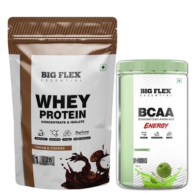 Big Flex Essential Whey Protein Concentrate & Isolate, 2.2 lb Cream & Cookies with Bigflex Essential Bcaa Energy Green Apple 500g