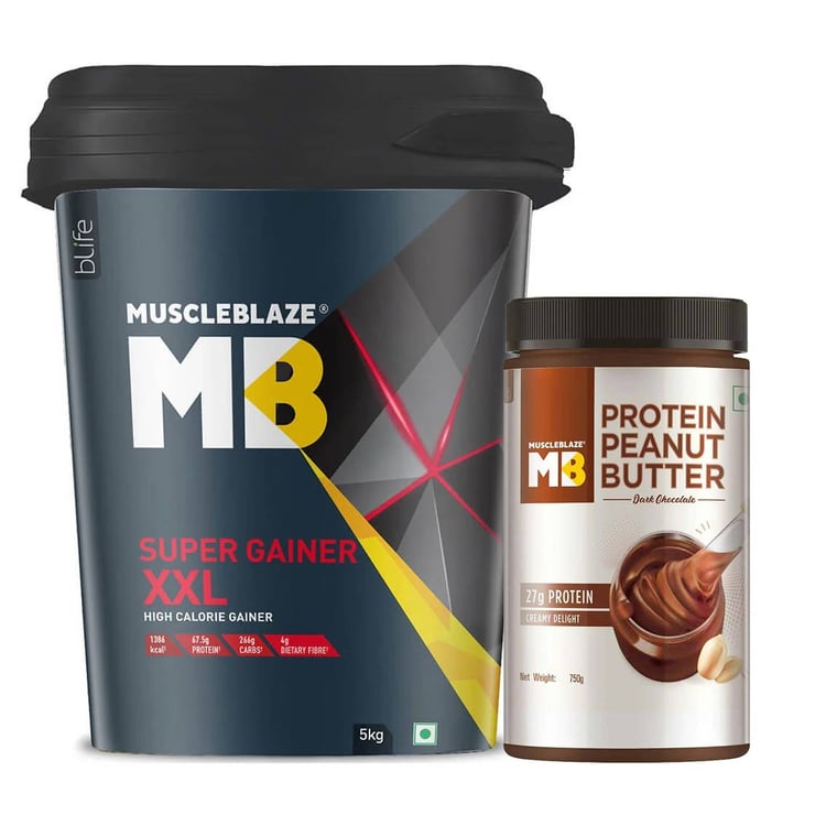 MuscleBlaze Super Gainer XXL 5 kg & High Protein Peanut Butter 0.750 kg Combo
