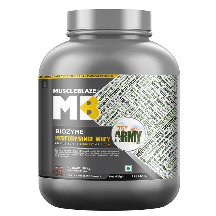 6 - MuscleBlaze Biozyme Performance Whey,  4.4 lb  Special Edition Pack (75th Indian Army Day) Triple Chocolate&nbsp; 