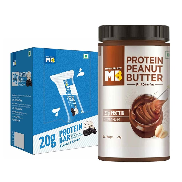 MuscleBlaze High Protein Peanut Butter 750 g & 20 g Protein Bar (6 bars) Combo