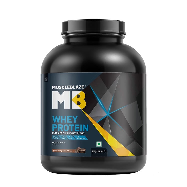 1 - MuscleBlaze 100% Whey Protein Supplement Powder with Digestive Enzyme,  4.4 lb  57 Servings (Cookies and Cream) 